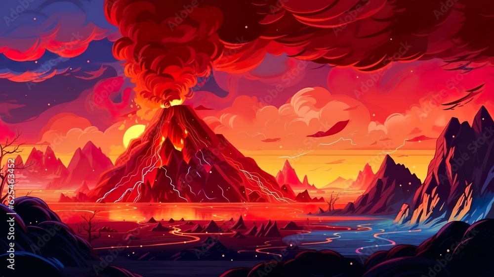 Abstract background fire volcanoes and lava. A captivating illustration in a banner design, capturing the awe-inspiring sight of fire volcanoes spewing lava. Generative AI. Abstract background fire volcanoes and lava. A captivating illustration in a banner design, capturing the awe-inspiring sight of fire volcanoes spewing lava. Generative AI.