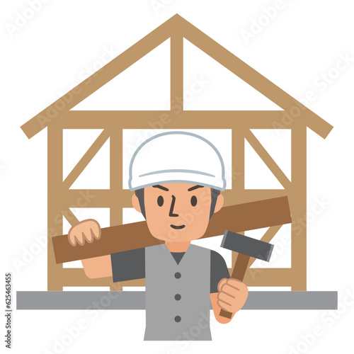 建設中の家と大工のイラスト