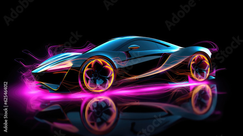 Side view neon glowing sport car silhouette. Abstract modern styled