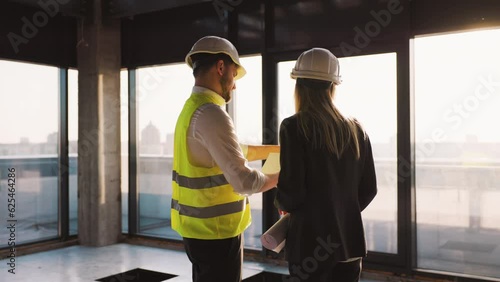 Male Civil Engineer and Young Female Building Architect Discussing Project Work on a City Construction Site. Businesswoman and Worker Are Looking At Drawing Plan photo
