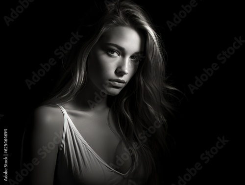 beautiful woman wearing dress in dark room, monochromatic intensity