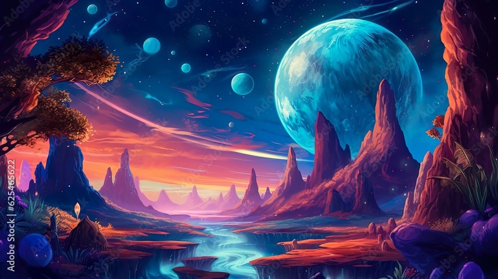 Abstract background space planets with magical creatures. A stunning banner design showcasing a mystical space planet and its inhabitants in a captivating illustration. Generative AI.