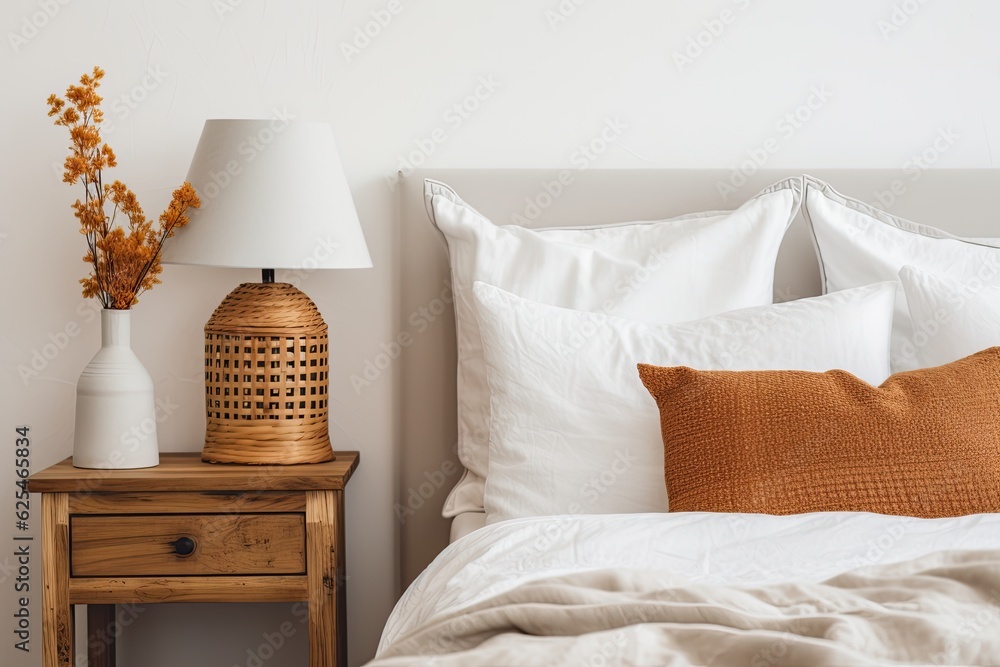 In a naturally themed bedroom interior, there are white beddings adorned with brown and orange pillows. A wicker lamp sits beside a wooden bedside table with a vase displayed on top. - obrazy, fototapety, plakaty 