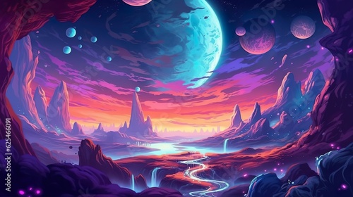 Abstract background space planets with magical creatures. An enchanting illustration of a cosmic background adorned with whimsical creatures on a distant planet. Generative AI.