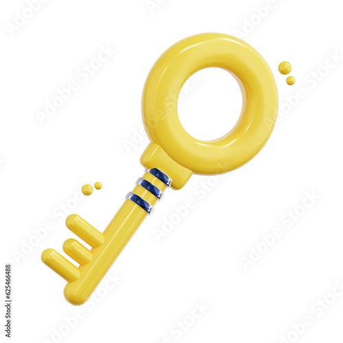 3d key of game asset icon with yellow color glossy material