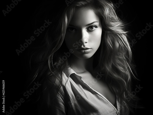 beautiful woman wearing dress in dark room  monochromatic intensity