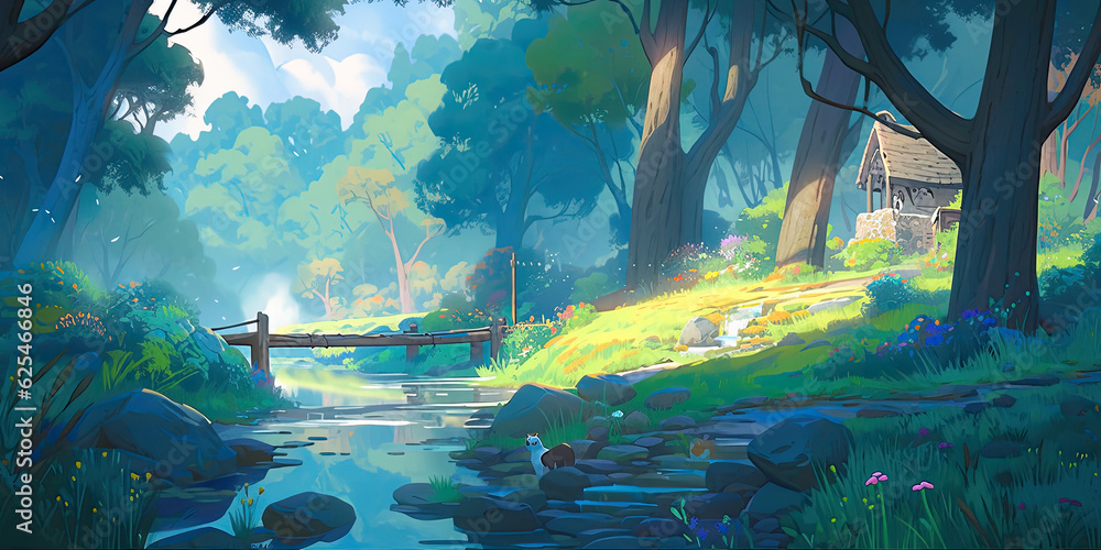 Fototapeta premium anime cartoon style woodland forest background banner, generated ai