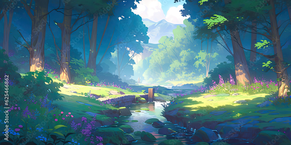 Obraz premium anime cartoon style woodland forest background banner, generated ai