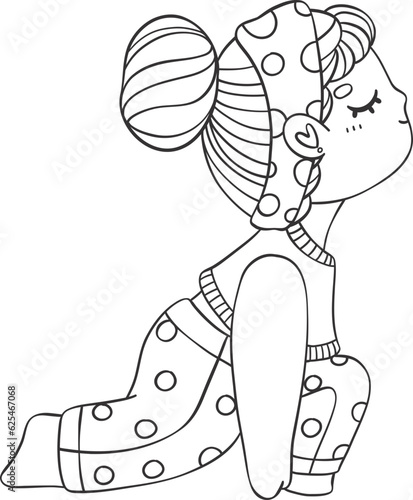 Peaceful Chubby Girl in Yoga Pose with Closed Eyes Outline hand drawing Doodle