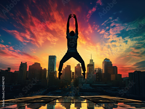 a person doing a handstand against a colorful urban backdrop: The inverted silhouette of a person performing a handstand against a cityscape at sunset, blending urban energy with a sense of playfulnes photo