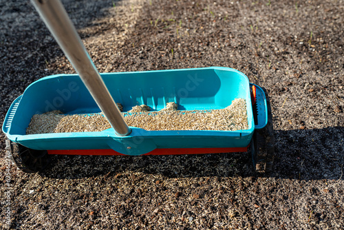 Sowing grass with a wheeled seeder, visible grass grains and black soil.