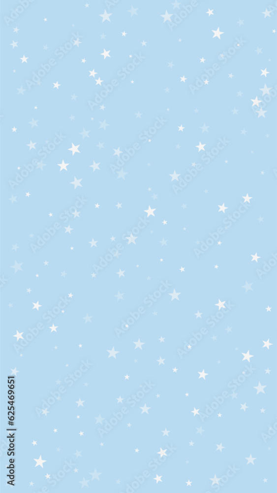 Fototapeta premium Beautiful snowfall christmas background. Subtle flying snow flakes and stars on light blue winter backdrop. Beautiful snowfall overlay template. Vertical vector illustration.