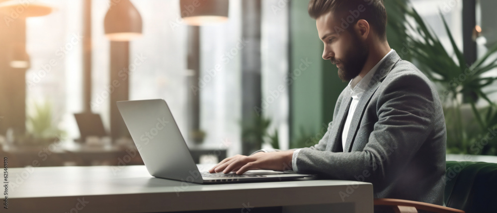 Young businessman working on laptop in modern bright co-working space Young businessman working on laptop in modern bright co-working space