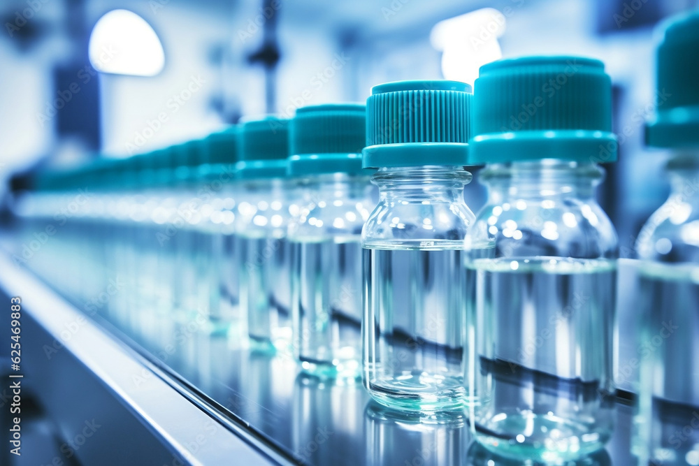 Medical vials on production line at pharmaceutical factory, Pharmaceutical machine working pharmaceutical glass bottles production line Medical vials on production line at pharmaceutical factory, Pharmaceutical machine working pharmaceutical glass bottles production line