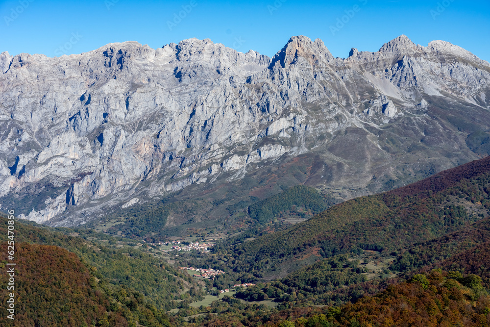 Aerial view of the Central Massif of the Picos de Europa National Park and the Valdeon valley since Piedrashitas lookout viewpoint in autumn. Leon, Spain.