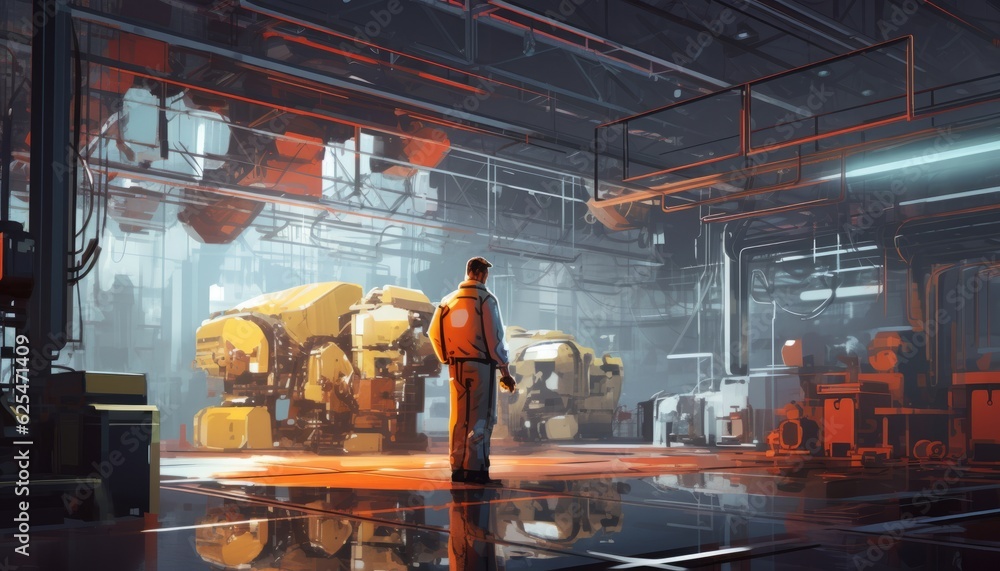 Industrial worker operating machinery in a busy factory's machine room, Generative AI