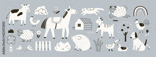 Cute farm animals set in doodle Scandinavian style. Hand-drawn country horse, kawaii cow, sheep, chicken, funny cat, goose. Childish rural livestock. Isolated kids flat graphic vector illustrations