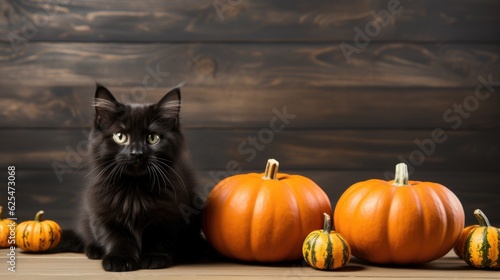 A black cat sitting in front of a group of pumpkins. Generative AI. © tilialucida