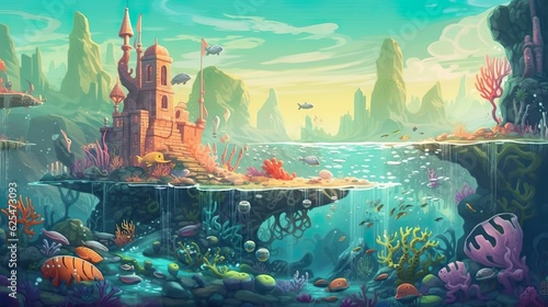 Abstract background kingdom with mermaids under the sea. A captivating illustration of a magical underwater kingdom inhabited by wonderful palaces. Generative AI.