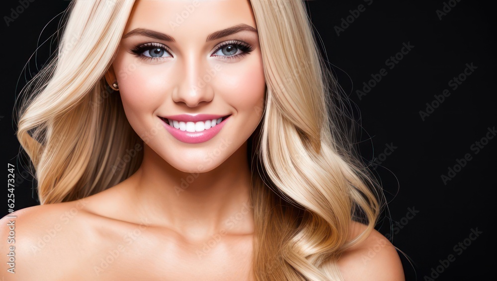 Portrait beautiful blonde model woman with white teeth smile, healthy long hair and beauty skin on dark background. Concept of advertising dentist and facial care. Generative AI Portrait beautiful blonde model woman with white teeth smile, healthy long hair and beauty skin on dark background. Concept of advertising dentist and facial care. Generative AI