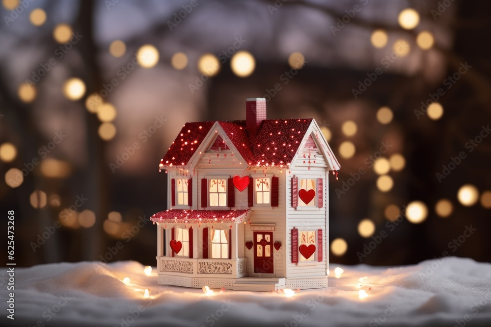 A romantic card showcasing a toy white house with a red roof, featuring a heart shaped hole, set against a backdrop of sparkly bokeh lights. It serves as a Valentines Day banner.
