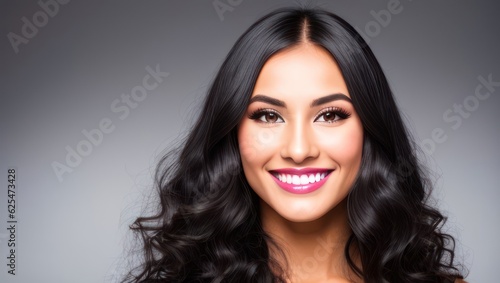 Portrait beautiful brunette model woman with white teeth smile, healthy long hair and beauty skin on dark background. Concept of advertising dentist and facial care. Generative AI