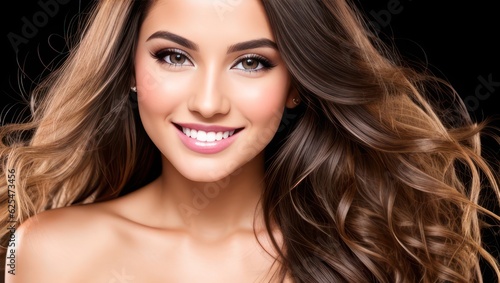 Portrait beautiful brunette model woman with white teeth smile, healthy long hair and beauty skin on dark background. Concept of advertising dentist and facial care. Generative AI
