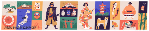 Japan concept collage. Japanese food, people, architecture, art. National heritage set. Geisha in kimono, samurai, koi carp, ramen, pagoda, sumo wrestler, traditional toys. Flat vector illustration