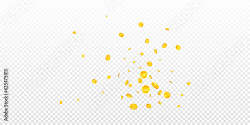 British pound coins falling. Scattered gold GBP
