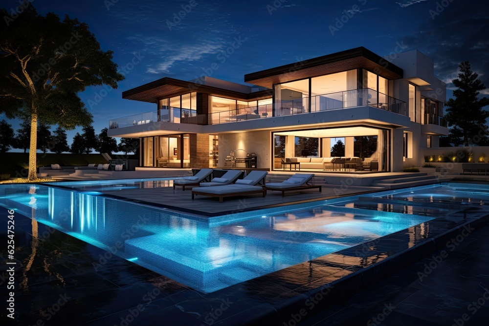 Contemporary, luxurious residence featuring a pool.
