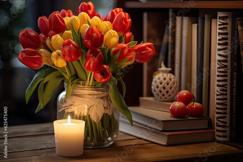 Decorating the interior of a home with a lit candle and a bouquet of tulips Fototapet
