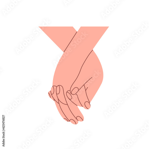 Two hands holding together. Couple in romantic relationship, family. Interlocked fingers of valentines, love partners. Affection concept. Flat graphic vector illustration isolated on white background photo