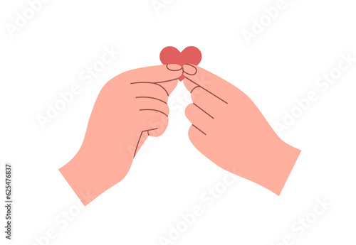 Two hands hold red heart together, share love. Romantic relationship, help, care, charity, support, hope concept. Compassion and donation symbol. Flat vector illustration isolated on white background