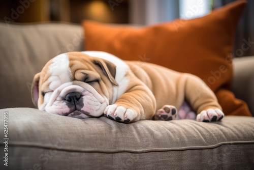 A Bulldog Mix puppy is peacefully sleeping on a gray sofa in its home.