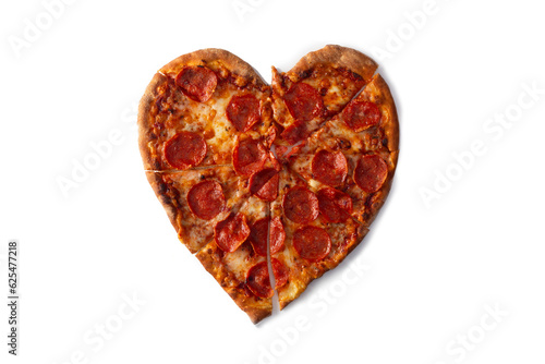 heart shaped pizza on white background for valentine's day