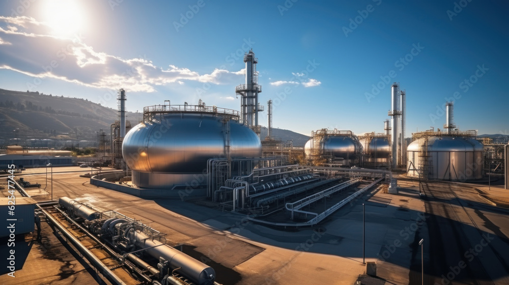 Naklejka premium Power plant for Industrial estate. Panoramic view of oil refinery. Generative AI.