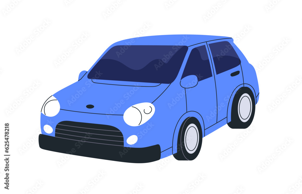 Passenger car, hatchback model. Abstract auto engine. Wheeled road transport. New automobile, automotive motor vehicle. Flat vector illustration isolated on white background