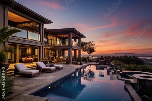 Gorgeous upscale residence featuring a pool and stunning sunset views.