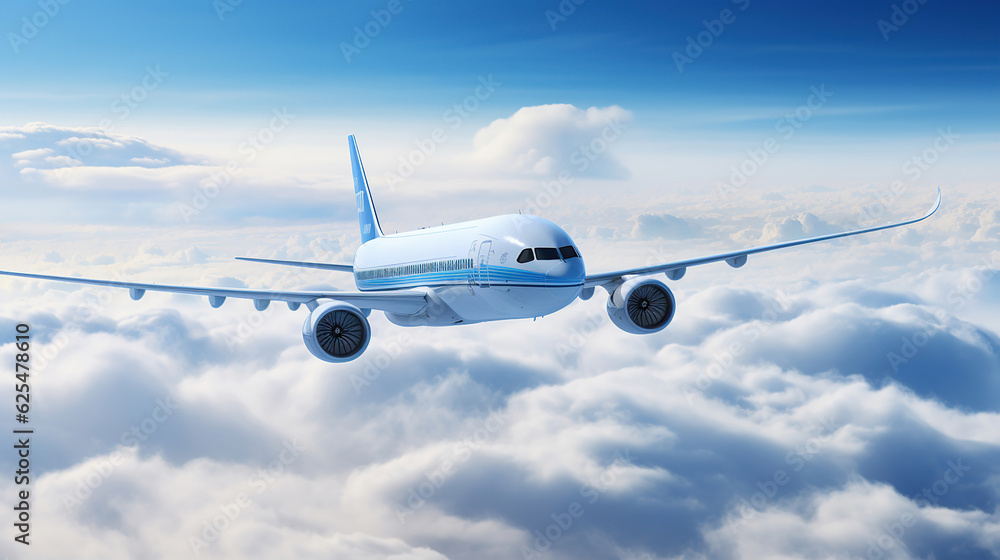 Commercial Airplane Flying Above the Fluffy Clouds Commercial Airplane Flying Above the Fluffy Clouds