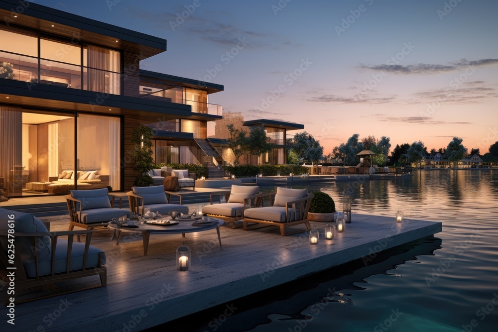 Fototapeta premium Sumptuous housing exterior boasting breathtaking glimpses of water, accompanied by a comfortable and inviting outdoor patio space. A serene summer evening scene.