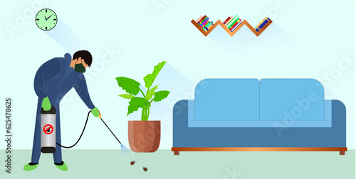 Pest control worker in a protective suit, pest control worker kill insects in household living room, pest control industry concept vector illustration, worker in protective suit spraying an insect