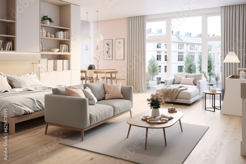 This Scandinavian style studio apartment is designed with an open and airy feel, incorporating warm pastel white and beige colors. The living area features fashionable furniture, while the kitchen
