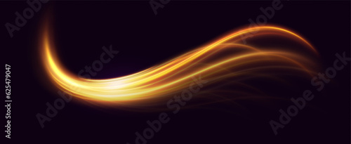 Golden glowing swirl. The effect of moving at the speed of light. Easy trail. Shiny wavy path. Vector.Neon light.