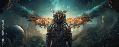 Sci-fi  unreal animal, fantasy creature with colorful sky background, panorama. Generative Ai.