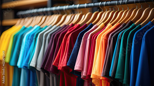 plain t-shirts of different colors hang on a hanger, store interior blur. photo