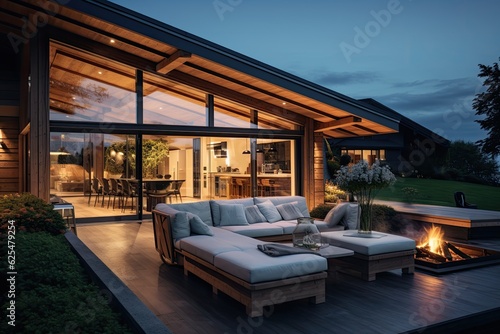 Foto In the evening, the exterior of the beautiful chalet cider home is enhanced with new outdoor furniture designed specifically for this space