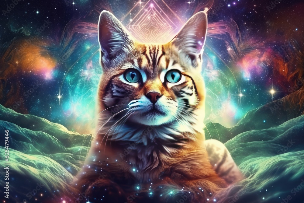 Sci-fi cat home animal, fantasy creature with colorful sky dark background. Generative Ai.
