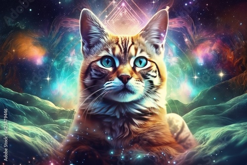 Sci-fi cat home animal, fantasy creature with colorful sky dark background. Generative Ai.