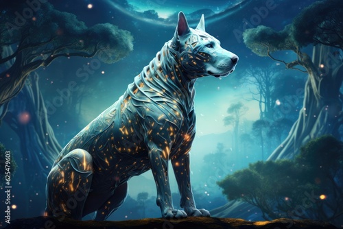 Sci-fi dog home animal  fantasy creature with colorful sky dark background. Generative Ai.