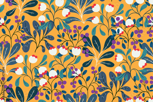 Seamless floral pattern, colorful summer flower print with retro motif. Botanical design of decorative art plants: small flowers, berries, branches, leaves on a yellow background. Vector illustration.